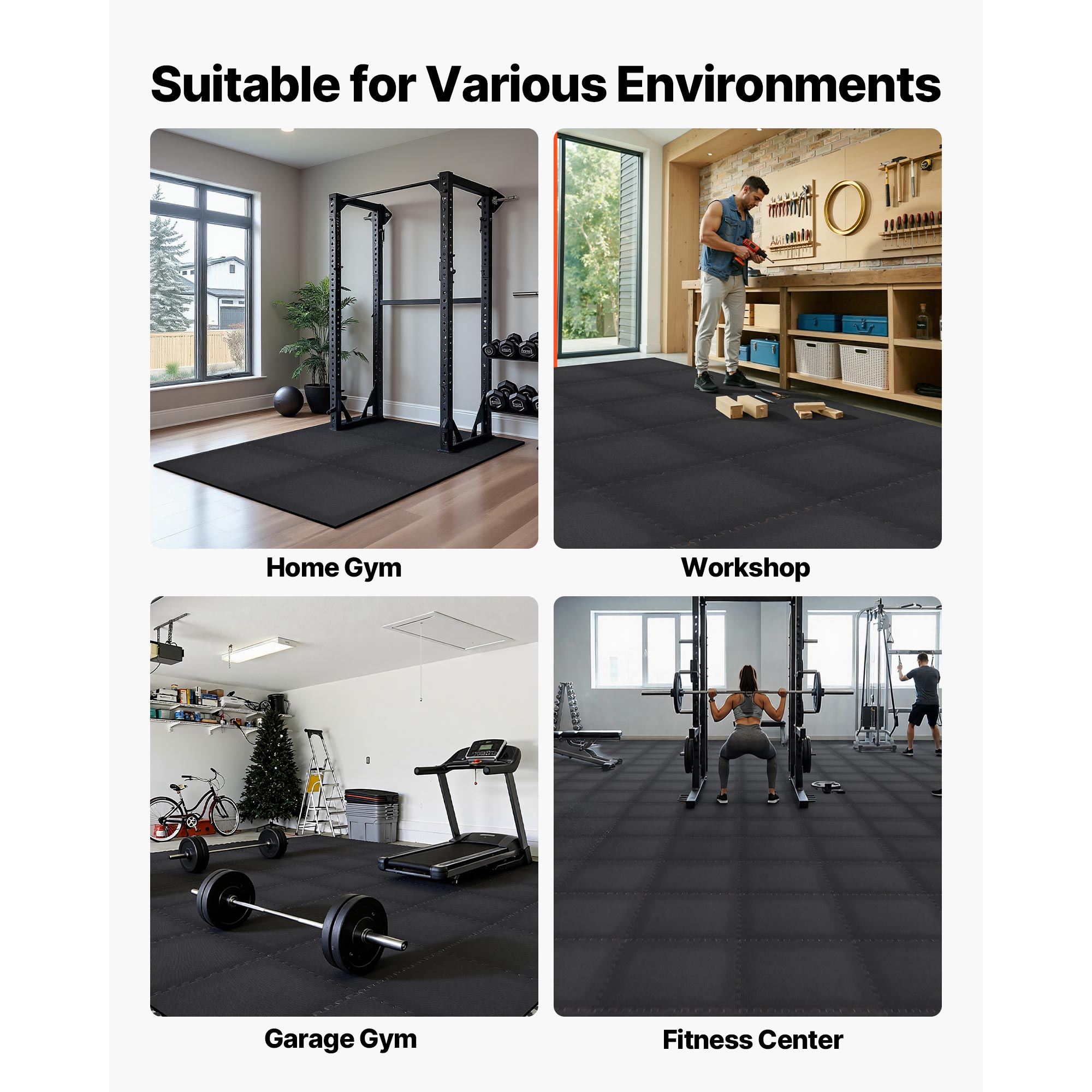 KFFKFF Puzzle Exercise Mat, 24 PCS Fitness Mats, 24 x 24 x 0.56 in, Durable EVA Foam Gym Flooring Set, Interlocking Soft Tiles, Protective Floor Padding for Home, Gym, Office, Black