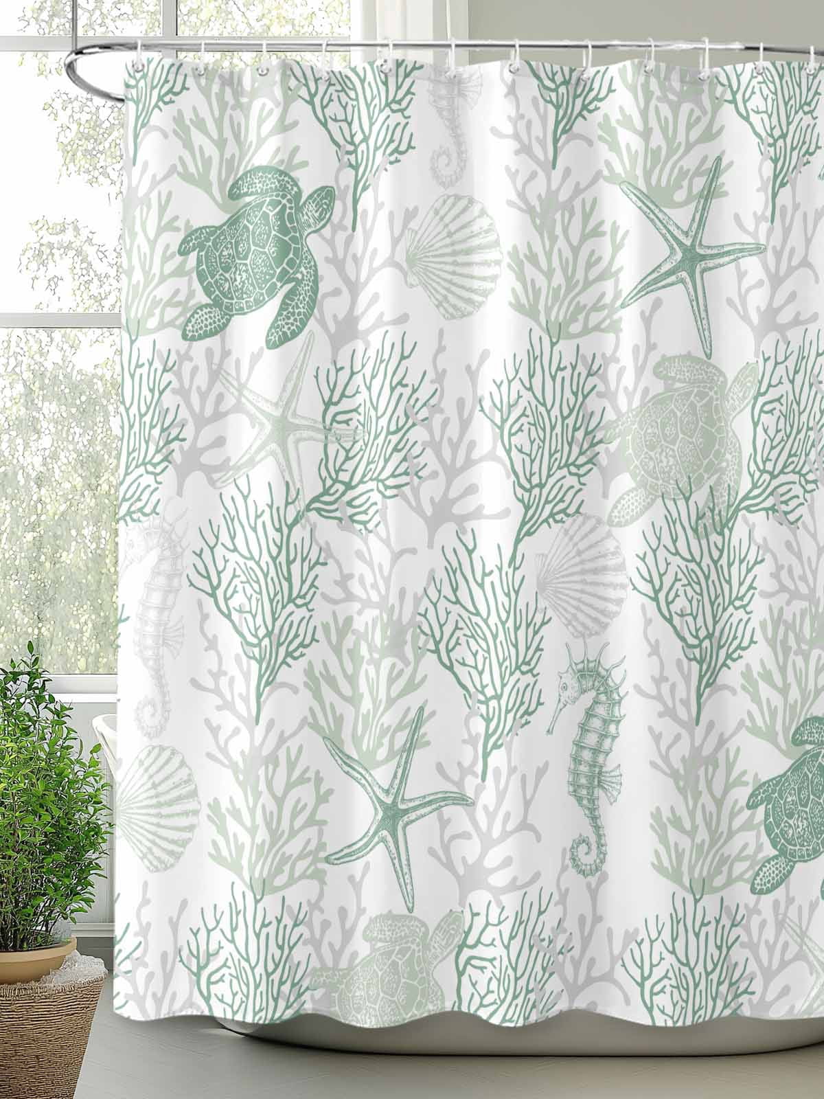 Boanket Polyester Fabric Green Coastal Shower Curtain, Sea Turtle Nautical Coral Summer Beach Waterproof Bathtub Curtain Bathroom Decor Set with Hooks 72 x 96 Inches,