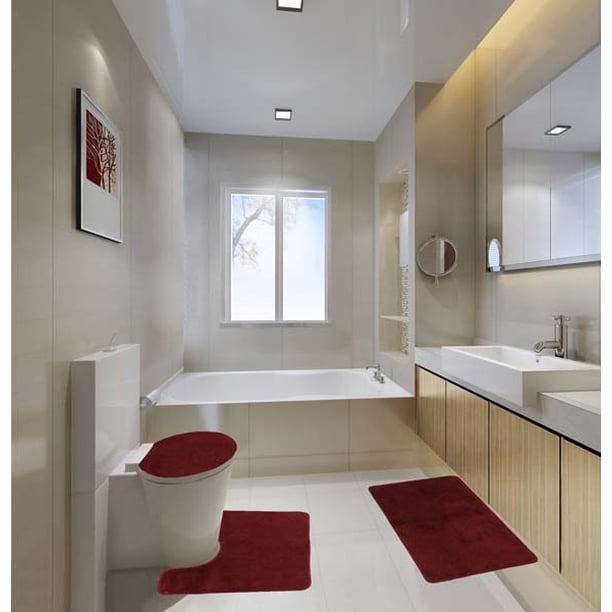 S 3pc Burgundy Bathroom Set Bath Mat Rug Contour And Toilet Lid Cover With Rubber Backing Nbsp 6 Walmart Com Walmart Com