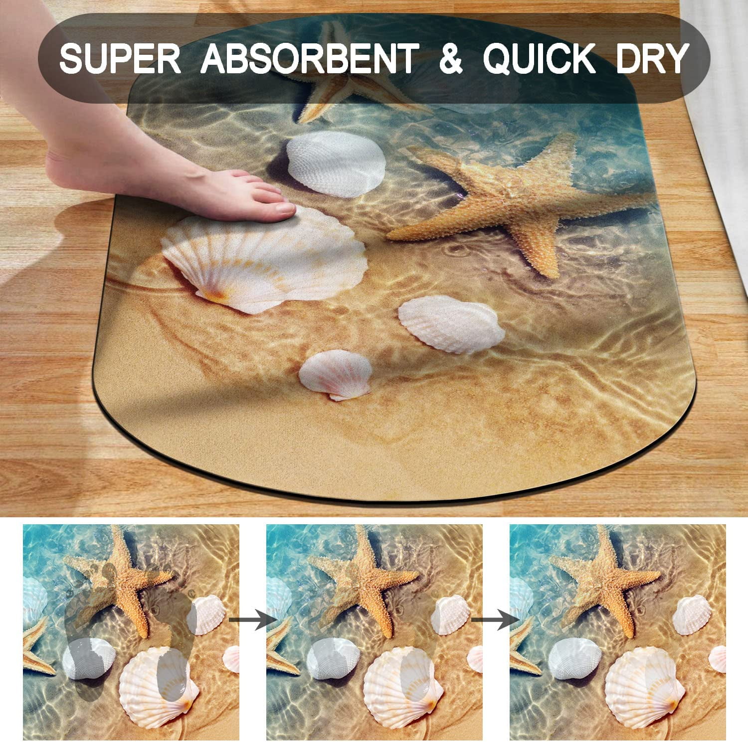 Beach Seashell Bathroom Rugs Non Slip Washable Super Absorbent Bath Mat Quick Dry Shower Rubber Backed Coastal Bath Rugs Mats for Bathroom, Oval 17"x27"