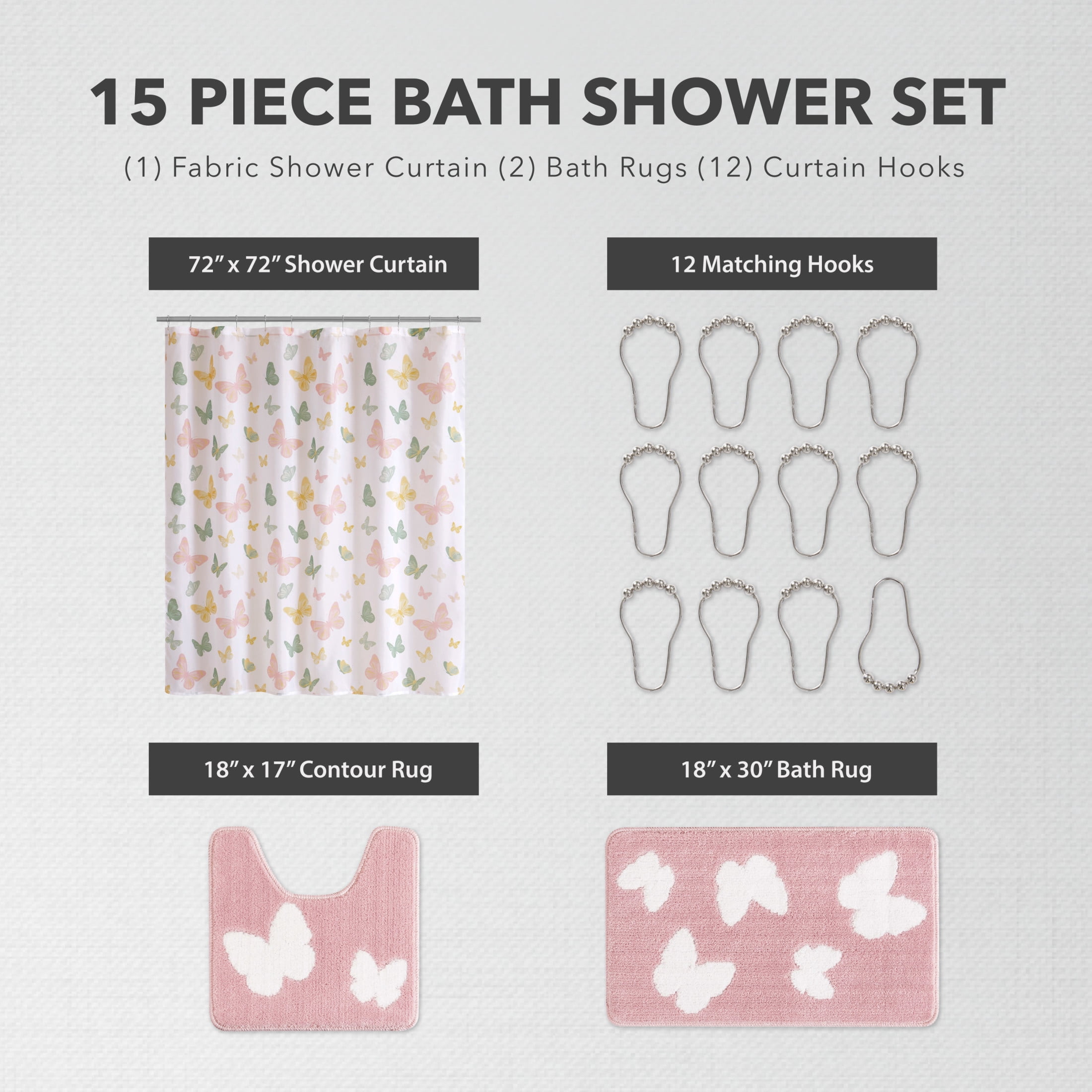 CHI Vanessa Shower Curtain with Hooks and Rugs Modern Washable 72" W x 72" L 15-Piece Set