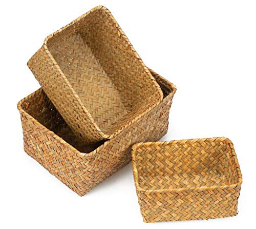 Stunning Set Of 2 Black and Red Storage Baskets ~ Small Woven Seagrass Basket 