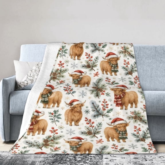 Highland Cow Christmas Blanket Gift Throw Blanket Santa Hat Snowflake Gift for Cow Lovers Holiday Decor 50x40