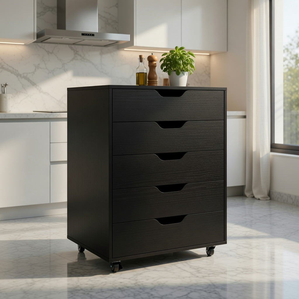 Demi Bonn 5 Drawer Mobile Lateral Filing Cabinet Storage Home Office Floor Cabinet with 4 Wheels, Black