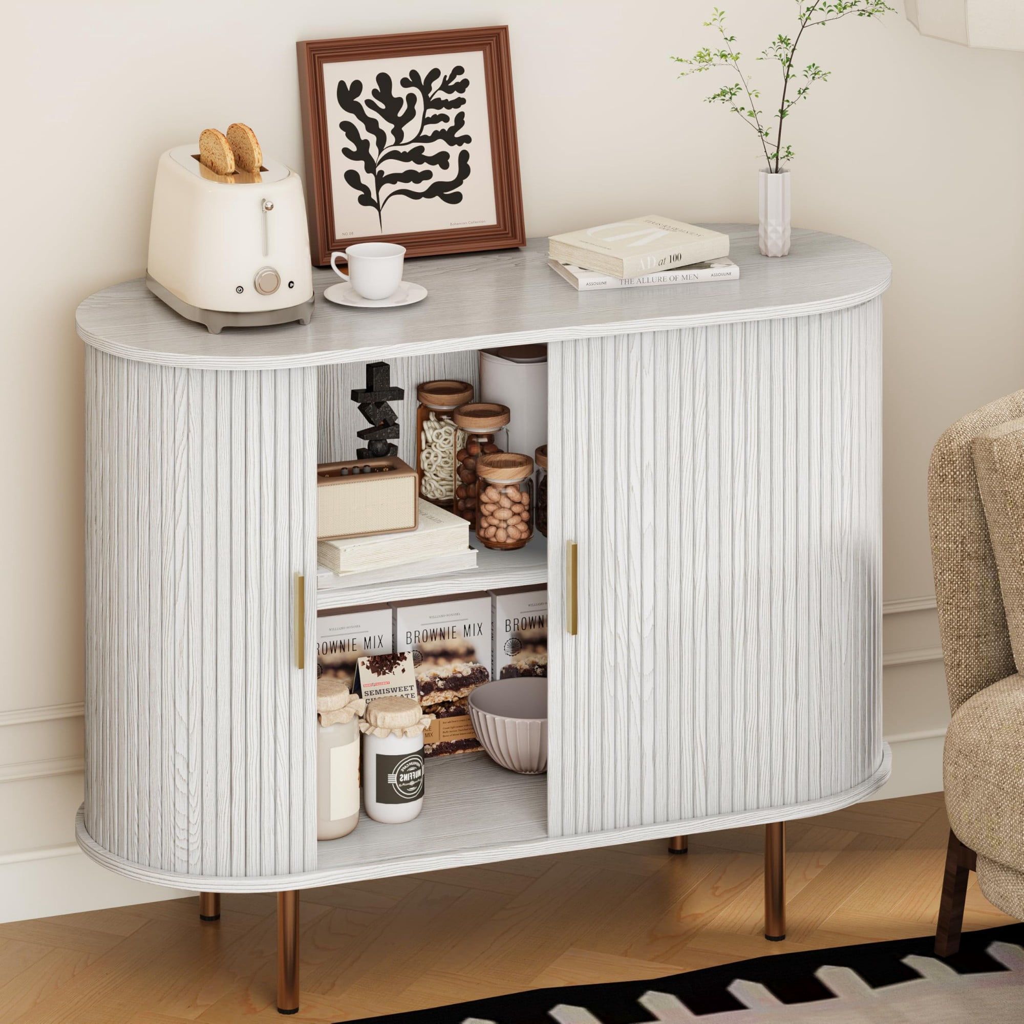 Mid Century Modern Sideboard Buffet Cabinet, 55 Inch Fluted Coffee Bar Console with Tambour Sliding Doors, White