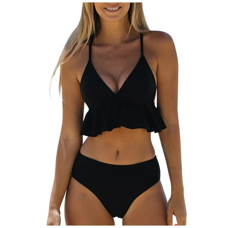 Womens Swimsuits 2 Piece Solid Color Suspender Detachable Bra Pad Split Bikini Black Bathing Suits for Women M