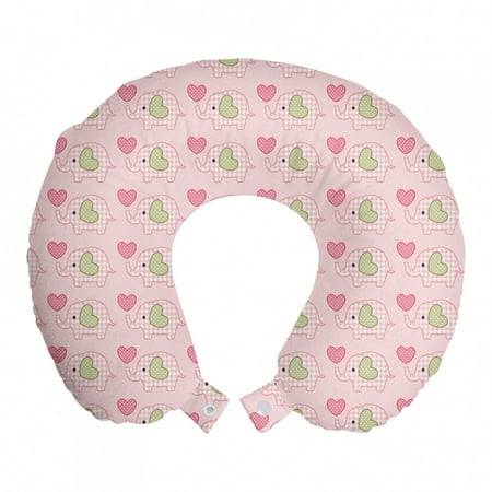 Elephant Travel Pillow Neck Rest, Baby with Checkered Patterns and Polka Dotted Hearts, Memory Foam Traveling Accessory Airplane and Car, 12", Pistachio Green Pink, by Ambesonne