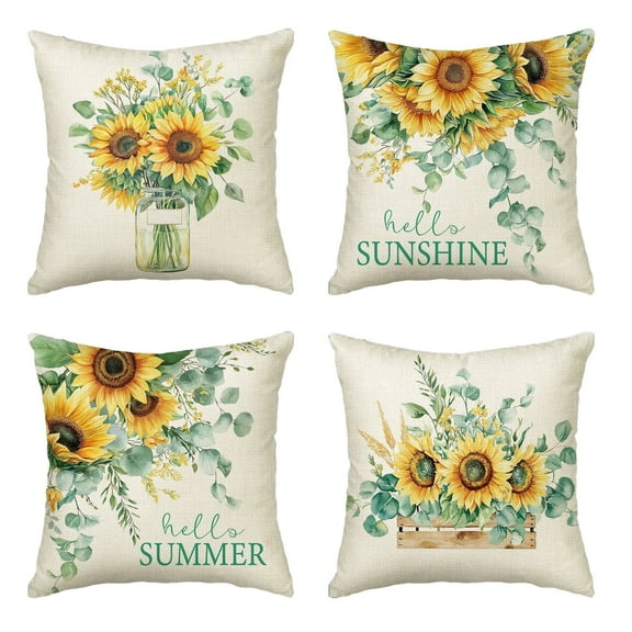 Sm:)e Sunflower Eucalyptus Summer Pillow Covers 18 x 18 Set of 4, Farmhouse Cushion Case for Sofa Couch