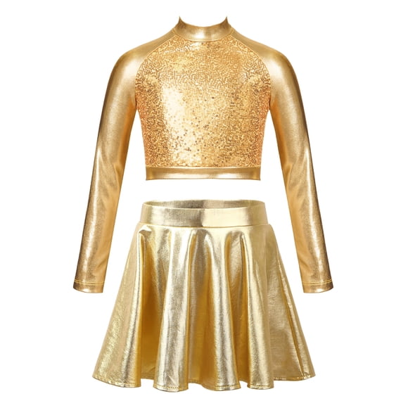 TiaoBug Kids Girls Latin Jazz Hip Hop Dance Cheer Performance Costume Long Sleeve Sequin Crop Top with Skirt Set Gold 14