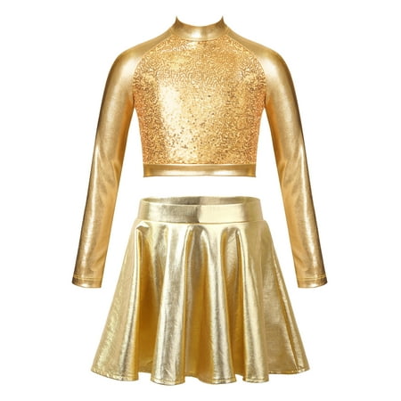 YEAHDOR Girls 2Pcs Metallic Latin Jazz Dance Outfit Shiny Sequins Long Sleeve Crop Top with Skating Skirt A Gold 10