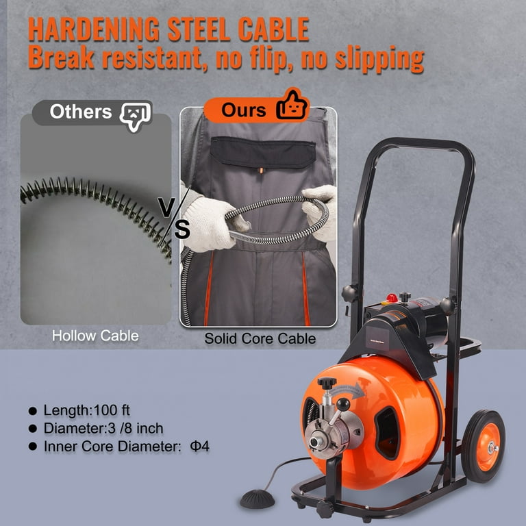Electric Drain Snake Cleaner commercial w Power Feed Cable 100' x 3/8 -  California Tools And Equipment