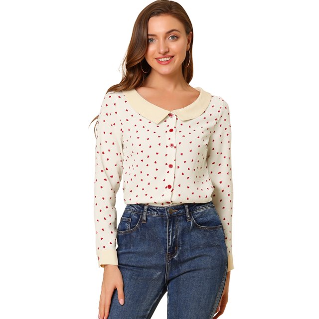Camisa Allegra K Manga Larga Botones Cuello Contraste Estampado Corazones Beige XS