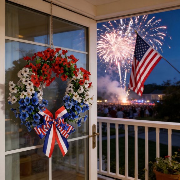 AZXY 15.75 Inch 4th of July Patriotic Wreath, Red White Blue Daisy Flower Wreath with Flag Bow, Artificial Floral Americana Decor for Independence Day Memorial Day Front Door Indoor Outdoor