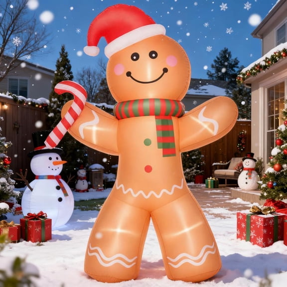 YIYADO 8ft Christmas Inflatable Gingerbread Man with Built-in Bright LED Lights, Giant Christmas Ornament Holds Candy Cane Outdoor, Blow-Up Yard Decoration for Christmas Holiday Party