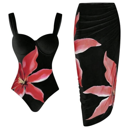 Lroveb One Piece Swimsuit with Skirt for Women Bikini Sexy Suspender Flower Print Slim Hip Packing Beach Two 2 Piece Swim Suit