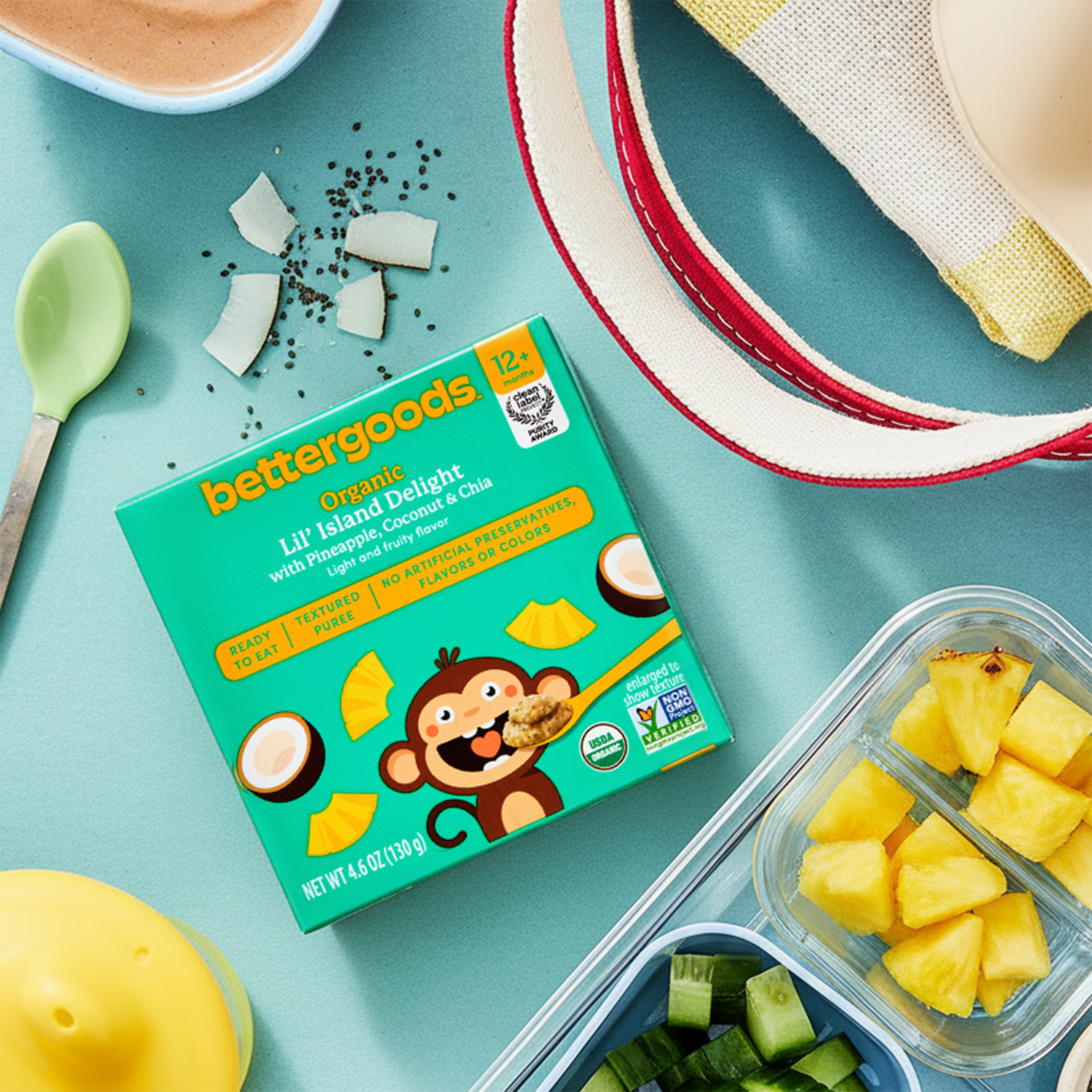 (6 pack) bettergoods Organic Stage 4 Baby Food Lil' Island Delight with Pineapple, Coconut, and Chia, 4.6 oz Tub