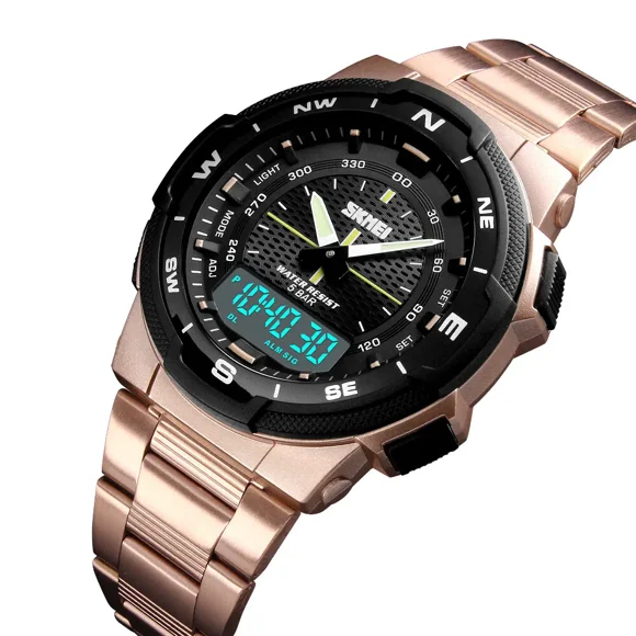 SKMEI Men Gold Watches Luxury Business Male Steel LED Digital Quartz Wristwatch