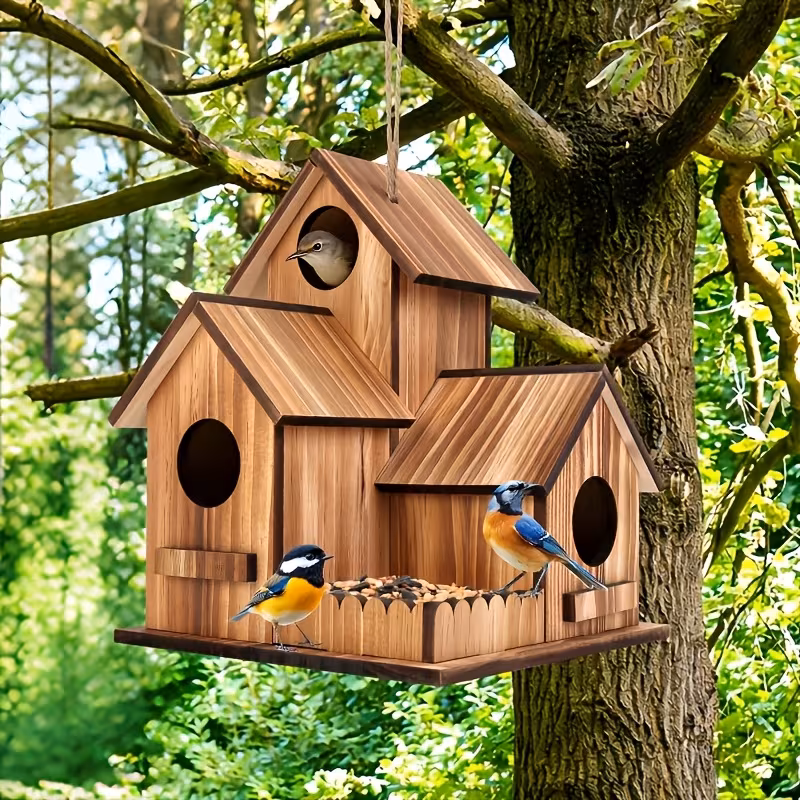 Paddsun Wooden Bird House for Outside, with Bird Feeder Birdhouse 3 Holes Hanging Wild Bird Nesting Box , Finch and Bluebird House for Garden Yard Decoration