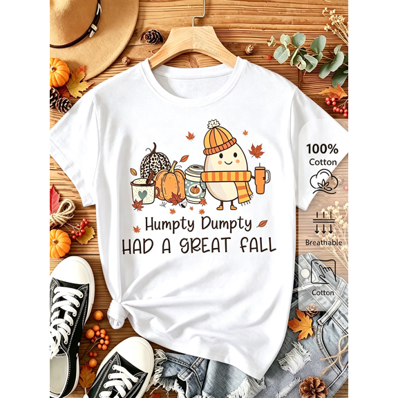 Women's Humpty Dumpty Had A Great Fall T‑Shirt, Cute Autumn Pumpkin Coffee Graphic Short Sleeve Casual Fall Tee