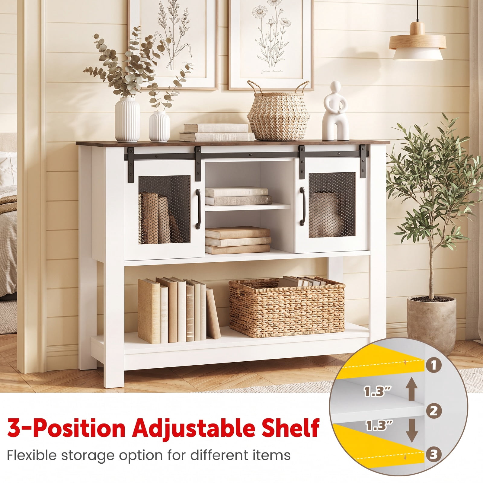 Furnibear Console Table with Sliding Barn Doors and Storage Cabinets Entryway Table for Living Room Hallway Sofa Narrow Space, Rustic Brown