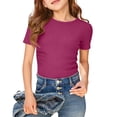 thumbnail image 2 of Ticikt Girls Short Sleeve Shirts Crewneck Ruched Side Slim Fit Tops Ribbed Knit Casual Tee Shirt Comfortable Everyday Wear,Color:Hot Pink, 2 of 4