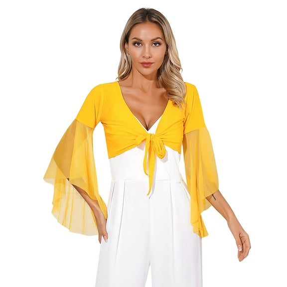 ZALDITA Women's 3/4 Tulle Flared Sleeve Wrap Tie Top Blouse Belly Dance Bolero Shrugs Cardigan Yellow One Size