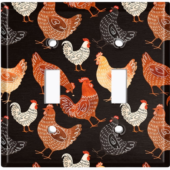 Metal Light Switch Wall Plate Outlet Cover (Printed Image of Chickens and Roosters - Double Toggle)