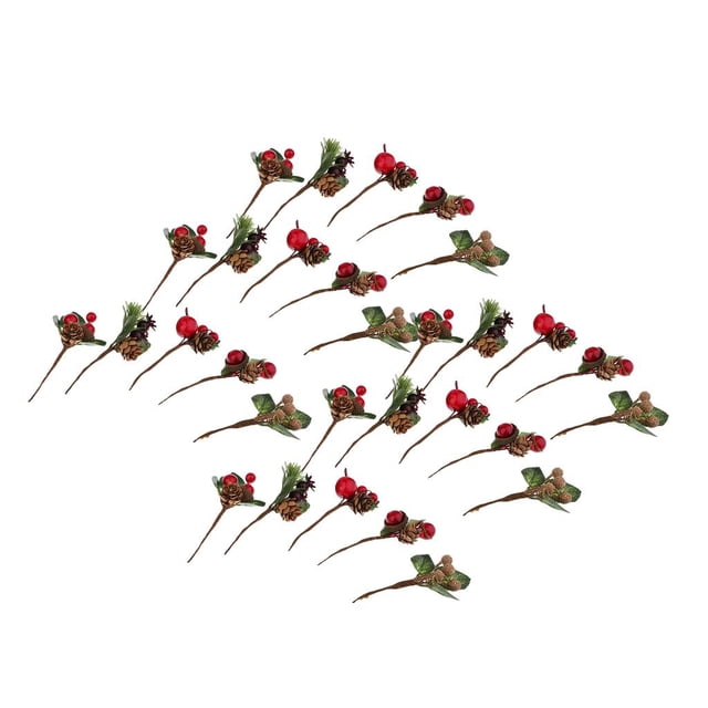 30 Unids Flores Secas De Pino Con Bayas Rojas Y Hojas Envueltas En Cintas Material De Bricolaje