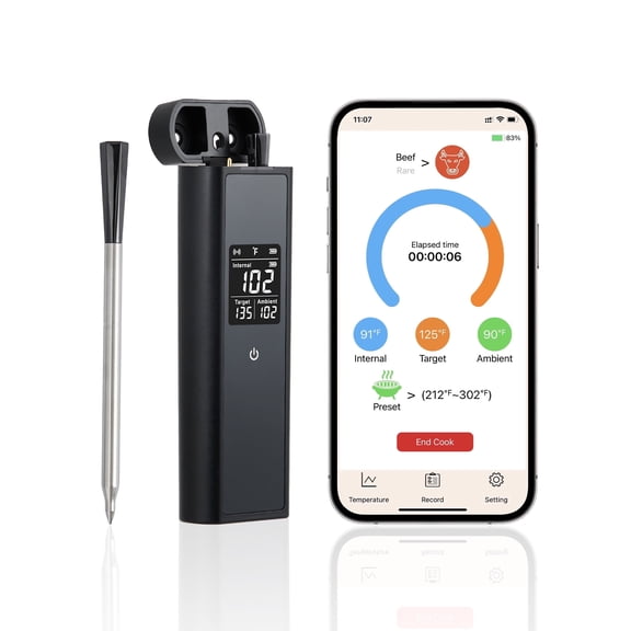 Bluetooth Wireless Meat Thermometer, Single Probe Smart Food Thermometer, 572°F Max, 820ft Range, 48Hr Battery for Grilling & BBQ