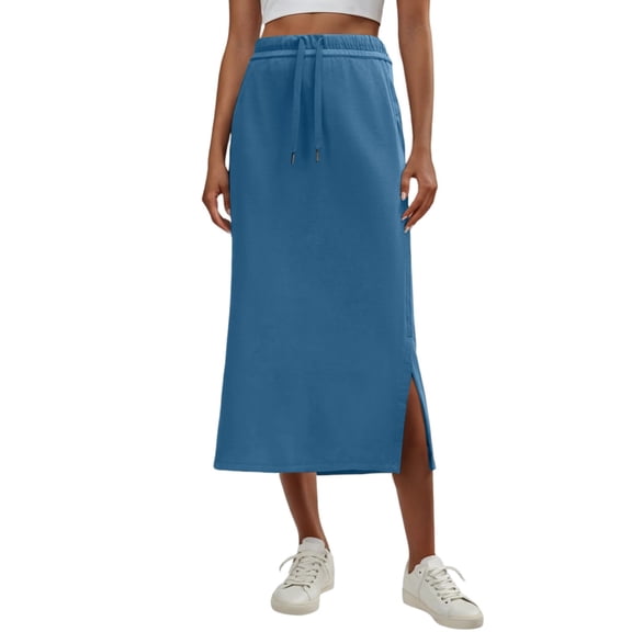 Maxi Skirts for Womens High Waist Trendy Drawstring Side Slit Skirts with Pockets Blue S