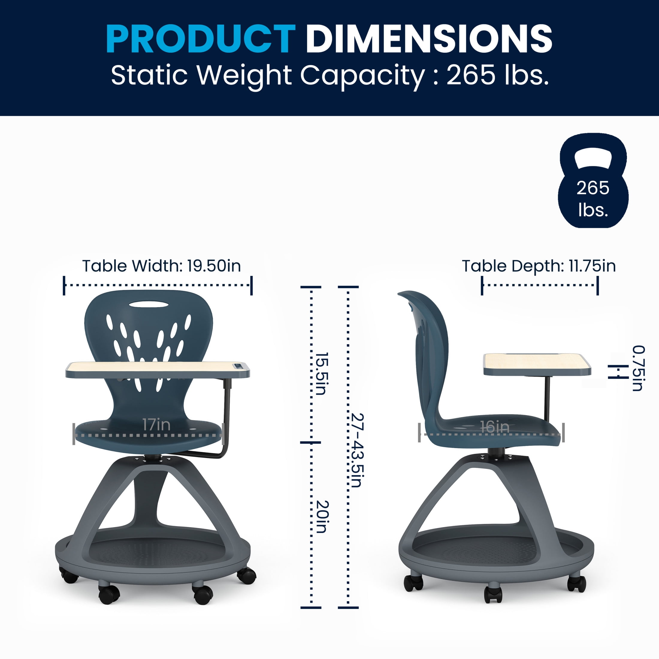 Flash Furniture Dark Gray Mobile Desk Chair with 360 Degree Tablet Rotation and Under Seat Storage Cubby