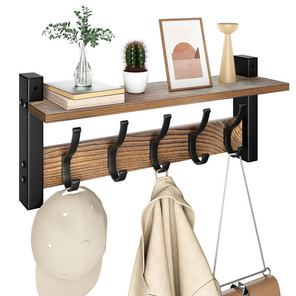 17.1 InchCoat Rack Wall Mount with Shelf, Coat Hanger Wall Mounted with 5 Hooks, Wall Mounted Coat Racks, Wall Shelf with Hooks, Hat Rack for Entryway, Bedroom, Living Room