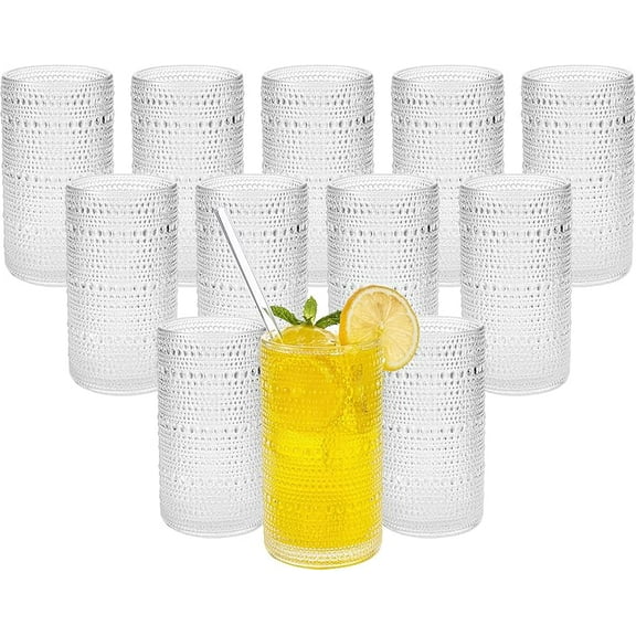 Vintage Drinking Glasses Set of 12, 16 oz Large Capacity Embossed Clear Tumblers, Highball Glasses for Water, Cocktail, Beer, Whiskey, Kitchen & Bar Use