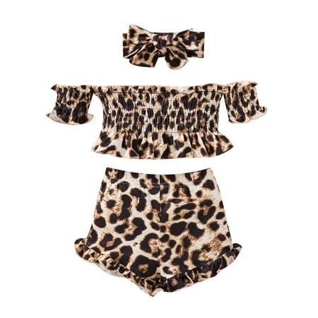

aturustex Toddler Girls Leopard Print Summer Clothes Set Off Shoulder Ruffle Crop Top Short Pants Headband 3pcs Outfits (Leopard 1-6 Years)
