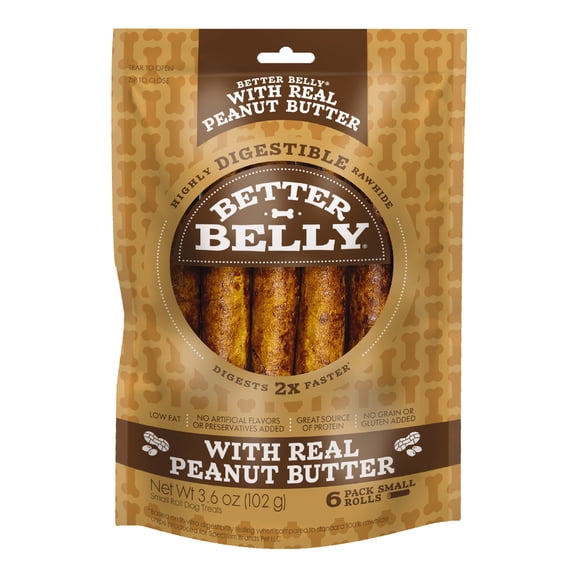 Better Belly Small Rolls with Real Peanut Butter Highly Digestible Rawhide Chews, 6 Count