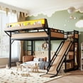 thumbnail image 2 of Leumius Queen Size Loft Bed with Slide, Storage Shelves and Built-in Wardrobe,Metal Loft Bed Frame with USB Ports and LED Lights,Pegboard,Natural, 2 of 11