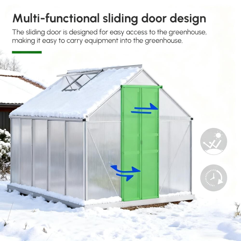 6x8 FT Greenhouse, Easy Assembly Polycarbonate Greenhouses with Adjustable Roof Vent, Large Aluminum Walk-in Greenhouse with Sliding Door, Silver