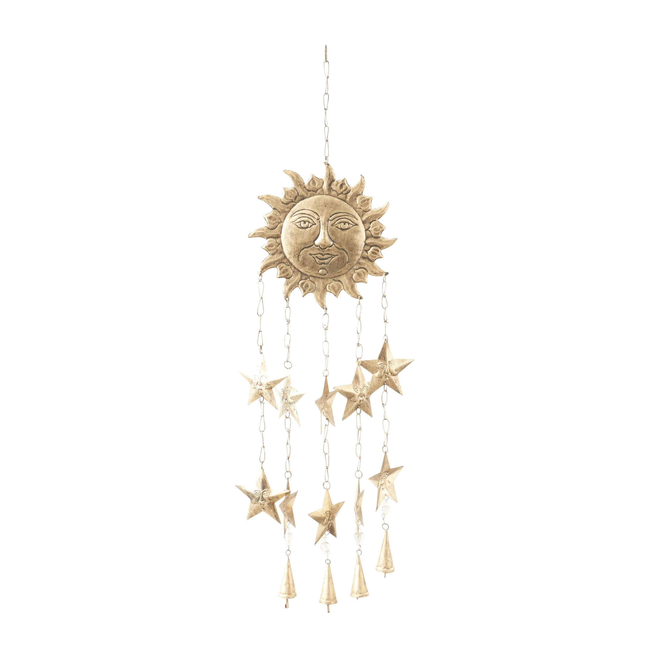 DecMode 35" Gold Metal Handmade Sun and Star Windchime with Glass Beads and Cone Bells