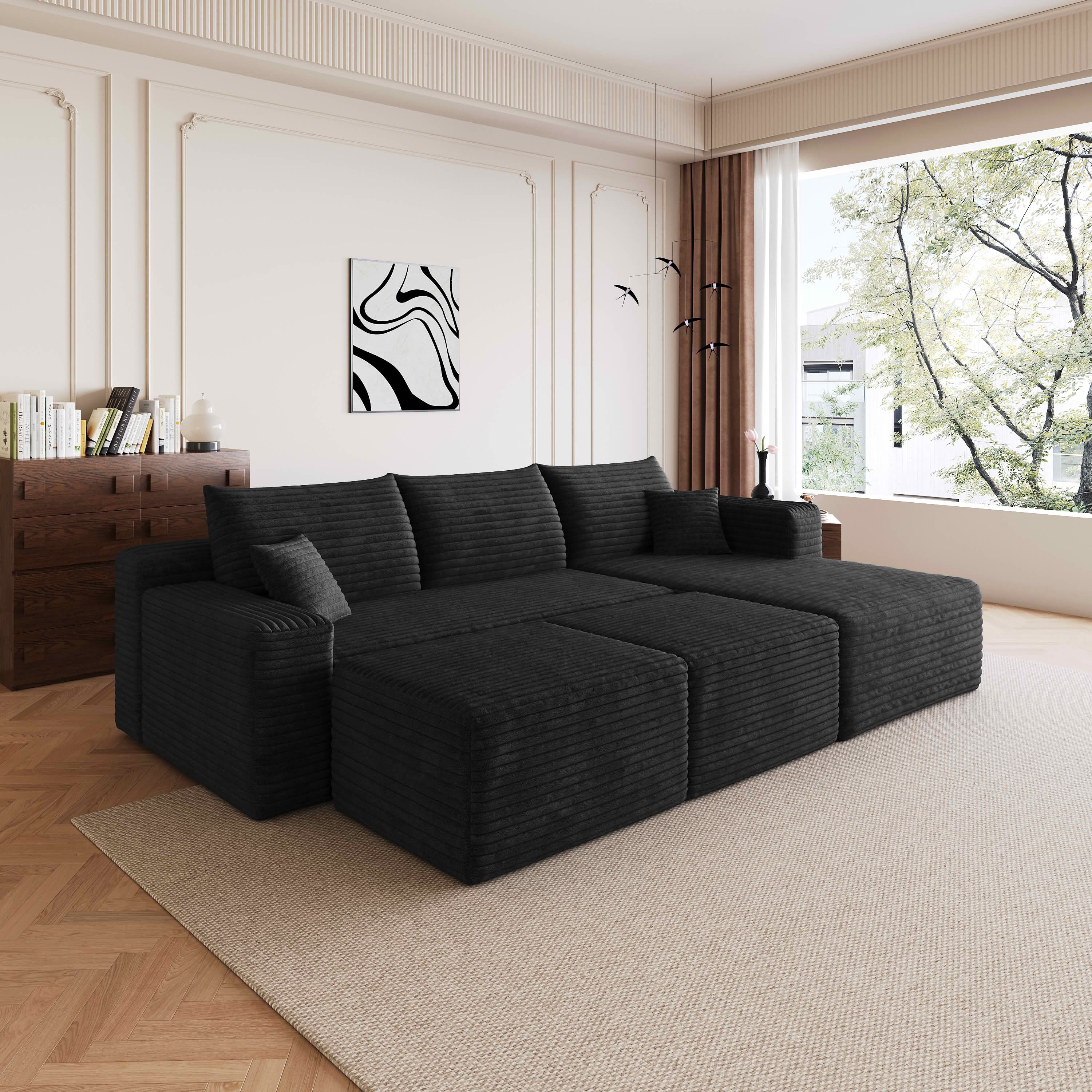MAYEERTY 95 Inch U‑Shaped Cloud Sectional Sofa with 2 Ottomans, Modern Deep‑Seat Corner Couch, Plush Corduroy Reversible Sofa, No‑Assembly for Living Room Bedroom Apartment