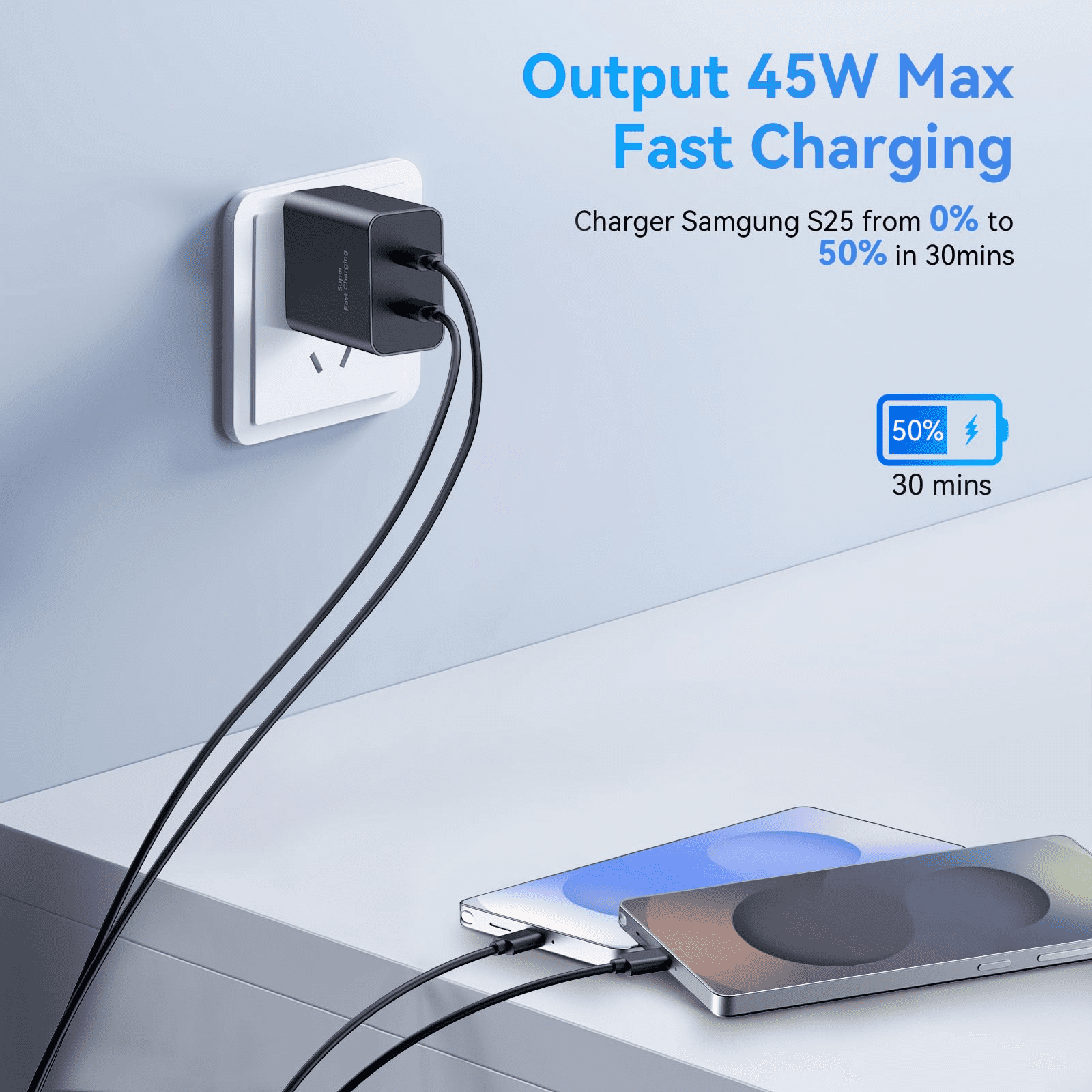 xzyuan 45W Super Fast Charger USB C, 2-Pack Dual Port Type C Charger Fast Charging,with 10/10FT Cable&Cord for Samsung Galaxy S25 Ultra/S24 Ultra/S23/S22/S21/S20+, iPhone16/15