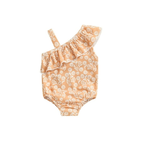 

Frobukio Toddler Baby Girls Swimsuit Summer Casual Romper Swimwear Sleeveless One Shoulder Floral Bathing Suit Brown　2-3 Years