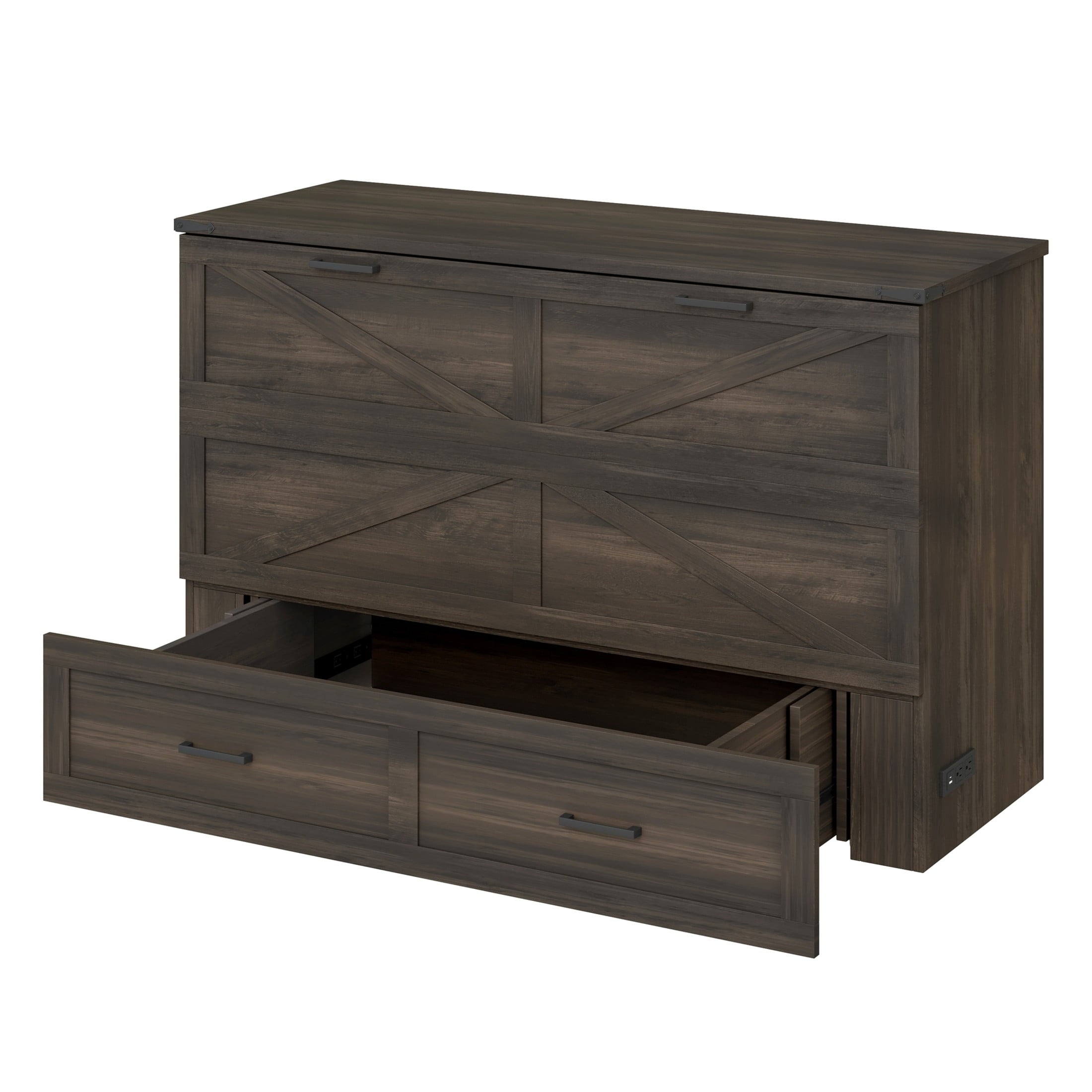 Noble House Queen Size Farmhouse Murphy Cabinet Bed with Charging Station and Storage Drawer, Foldable Platform Bed,Gray