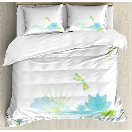 Dragonfly Duvet Cover (Dragonfly Duvet Cover Set, Waterlily and Dragonfly Nature Background Clouds Lake Sun Design, Decorative Bedding Set with Pillow Shams, Apple Green Pale Blue, by)