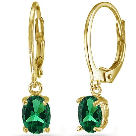 Created Emerald Yellow Gold Flashed Sterling Silver 7mm X 5mm Oval Created Emerald Yellow Gold Flashed Sterling Silver 7mm X 5mm Oval Dangle Leverback Earrings