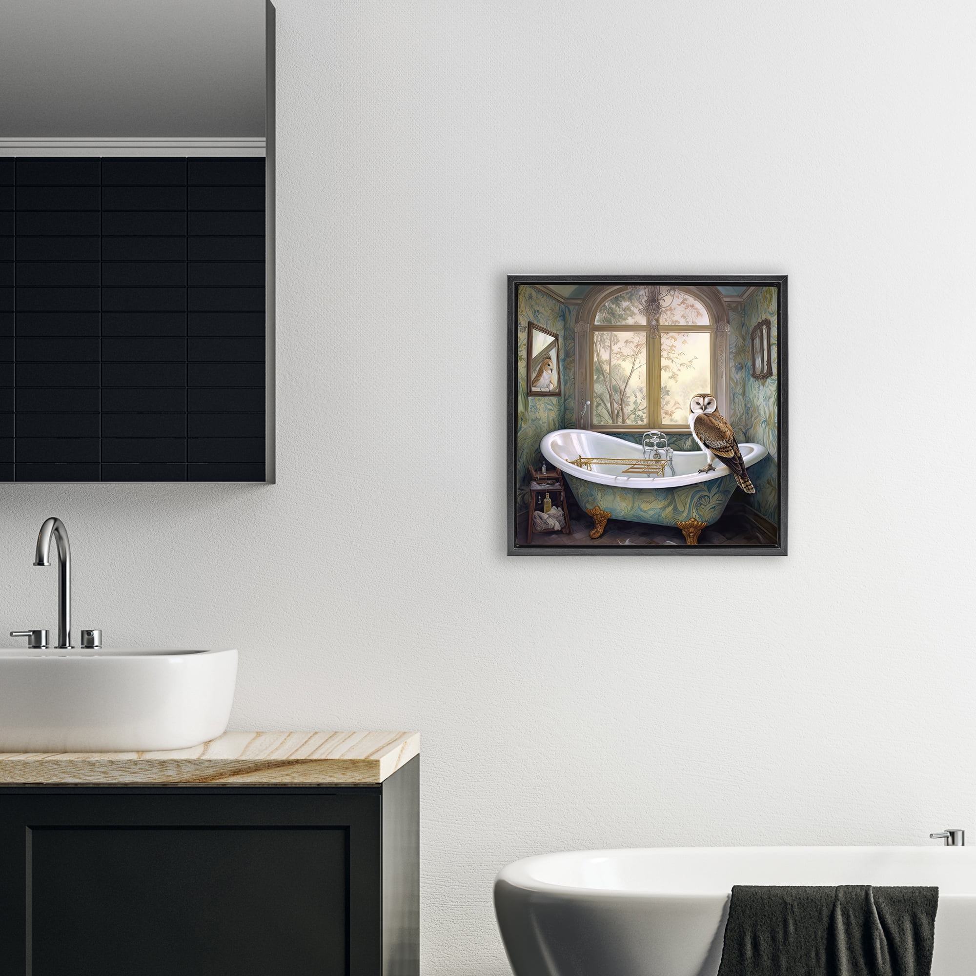 Paisley Patterned Owl Bathtime Black Framed Floater Canvas Wall Art, design by Sasha