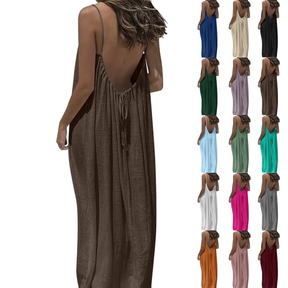 Vetsdori Sleeveless Maxi Dresses for Women Summer Tank Slip Dress Plus Size Sundress Plain,Backless Ice Slik Crew Neck Womens Dresses Holiday