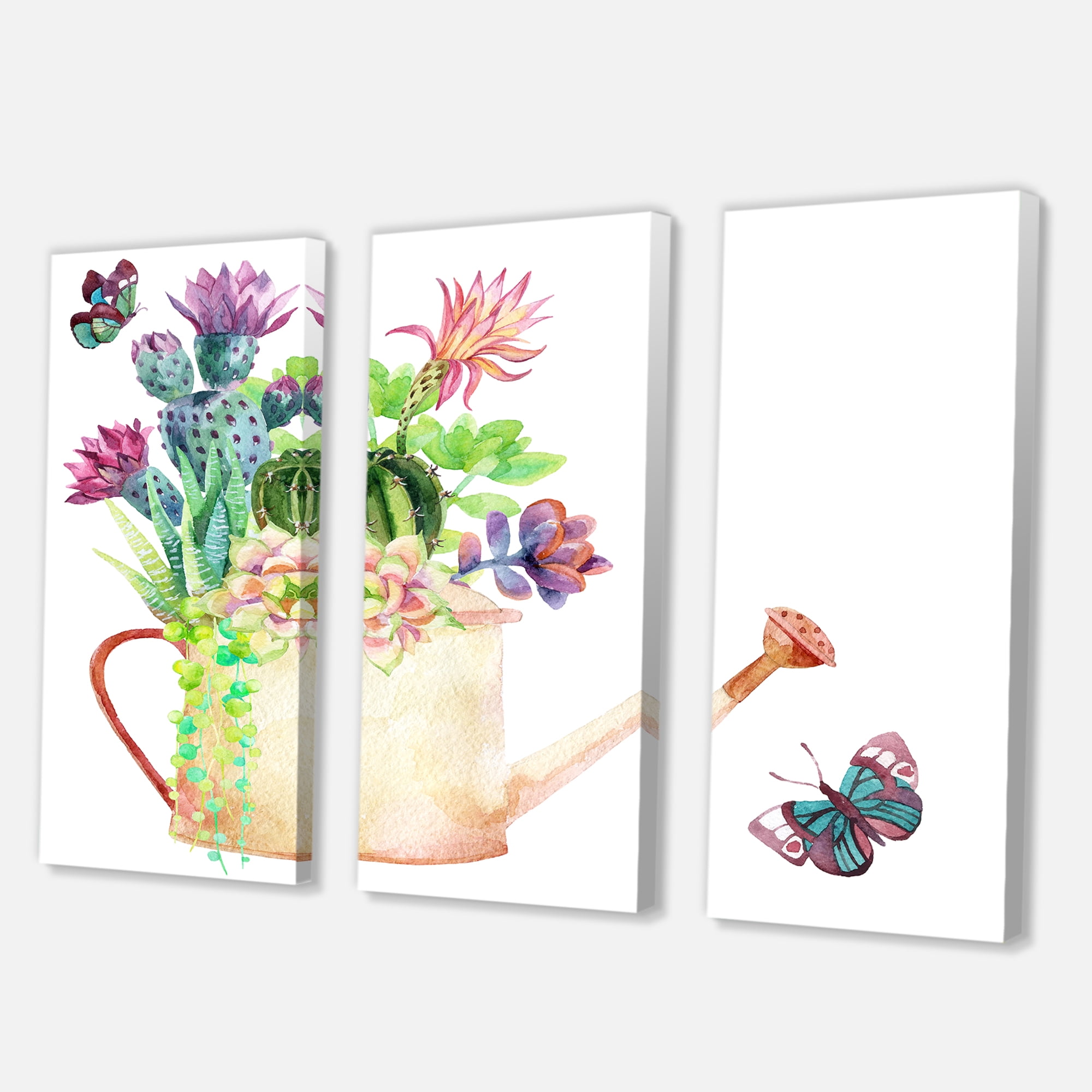 Succulents In Old Watering Can With Butterfly 28 in x 36 in Painting Canvas Art Print, by Designart