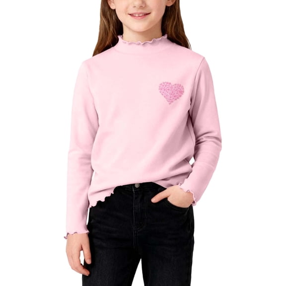 hoksml Girls 0-13 Years Old Long Sleeve Mock Neck Top with Heart Print Ruffle Trim Casual Pullover for School and Everyday Wear