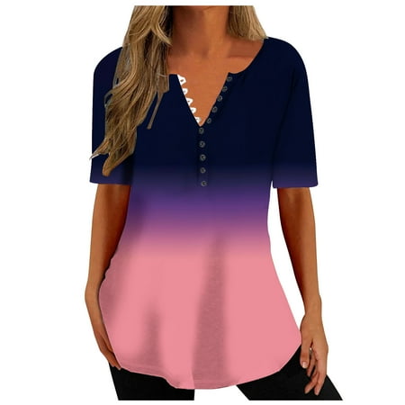 Patlollav Womens Summer Tops V Neck T Shirts Printed Tops Button Loose Casual Short Sleeve Tshirts