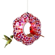 WONDER GARDEN Fly Through Bird Feeder Outdoor Garden Patio Round Glass with Mosaic Design Hanging Fly-Through Bird Feeder - 9" - Crimson
